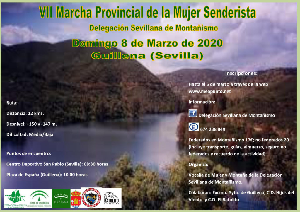 Cartel de la Séptima Marcha Provincial de la Mujer Senderista donde se puede apreciar el embalse de la Ruta del Agua en Guillena.